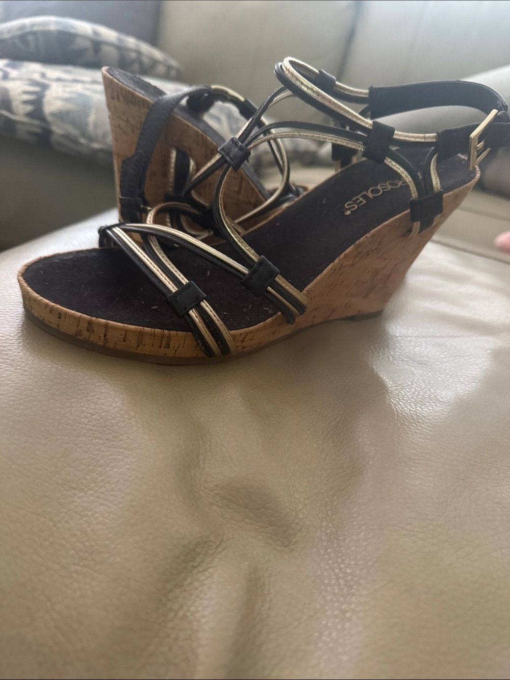 AEROSOLES Black and Gold Cork Wedge Sandals